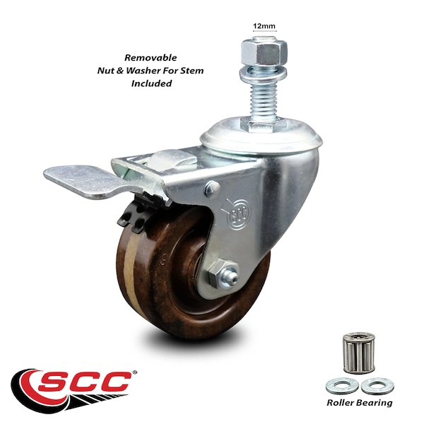 3 Inch High Temp Phenolic Swivel 12mm Stem Caster with Total Lock Brake SCC